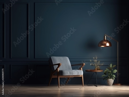 Living room interior mockup in warm tones with armchair on empty dark blue wall background.