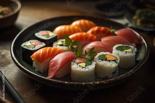 Plate of freshly prepared sushi rolls. Generative AI