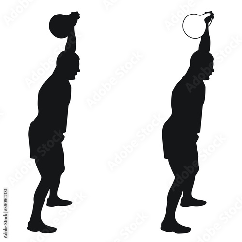Set silhouettes athletes weight lifter lift kettlebell, weights. Weight lifting. Pull, push, bench press