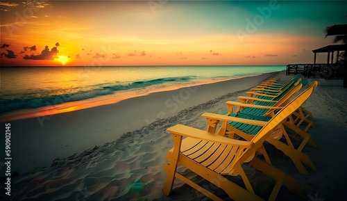 Tropical beach at sunset, sun loungers by the sea. AI generated