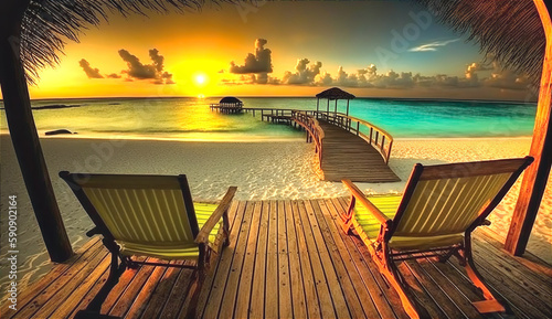 Beautiful tropical landscape, sunset, beach, colorful deck chairs. AI generated illustration.