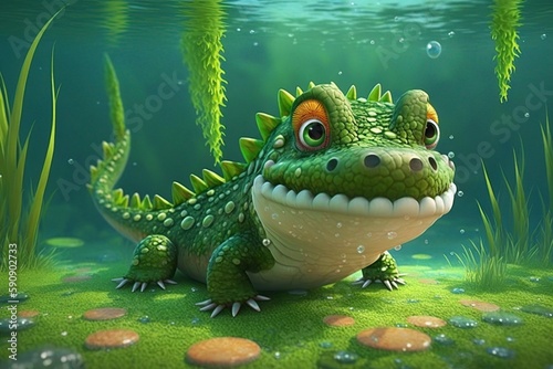cartoon illustration, cute crocodile underwater, ai generative © Jorge Ferreiro