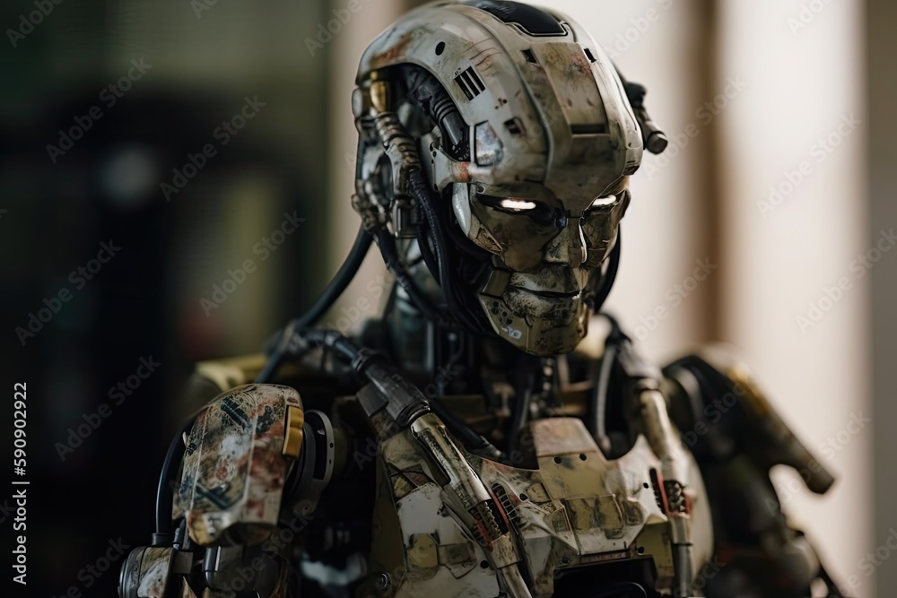 a soldier is partly a humanoid android robot artificial intelligence. Generative AI. a soldier is partly a humanoid android robot artificial intelligence. Generative AI.