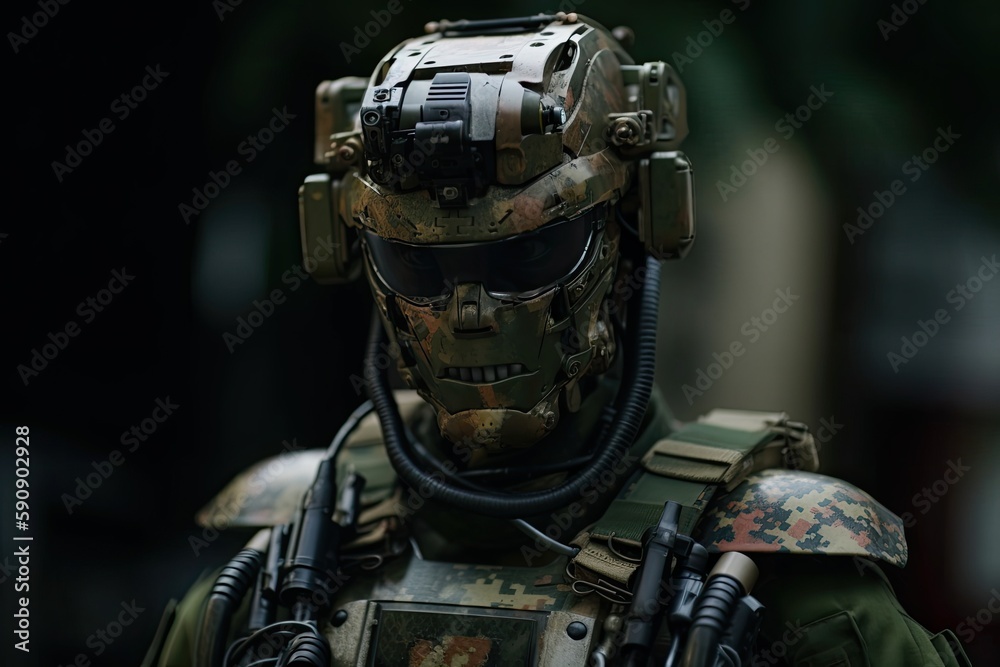 a soldier is partly a humanoid android robot artificial intelligence. Generative AI. a soldier is partly a humanoid android robot artificial intelligence. Generative AI.