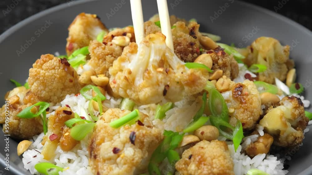 Eating Kung Pao Cauliflower with rice, peanuts and spices. Healthy vegan food Eating Kung Pao Cauliflower with rice, peanuts and spices. Healthy vegan food