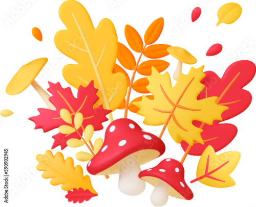 Vibrant autumn 3d leaves mushroom composition. Yellow red leaf fall, amanita, oak and maple vector elements. Decorative seasonal composition
