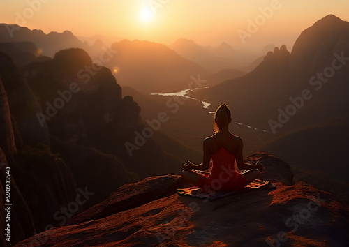 woman practicing yoga at sunset, high-angle, sanctuary, symbolic, travel, symbolic nabis, selective focus, mountain, river, orange, lens flare. Created using AI.