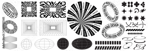 Retro-futuristic Y2K graphic icons. Grid, text, square, star, ray, donut with inscription, earth, planet, geometric shapes, unusual shapes of the 80s,90s,00-.x A set of y2k elements for graphic design