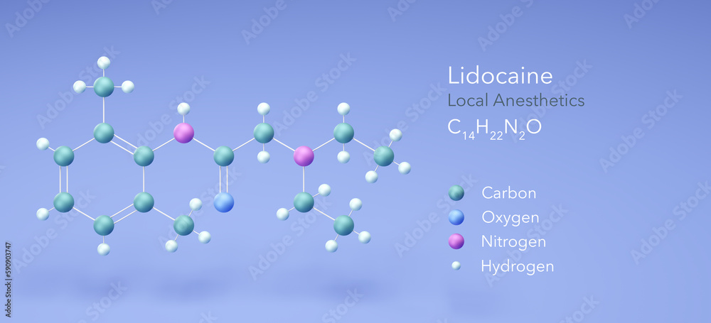 lidocaine molecule, molecular structures, lignocaine, 3d model, Structural Chemical Formula and Atoms with Color Coding lidocaine molecule, molecular structures, lignocaine, 3d model, Structural Chemical Formula and Atoms with Color Coding