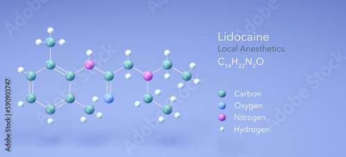 lidocaine molecule, molecular structures, lignocaine, 3d model, Structural Chemical Formula and Atoms with Color Coding photo
