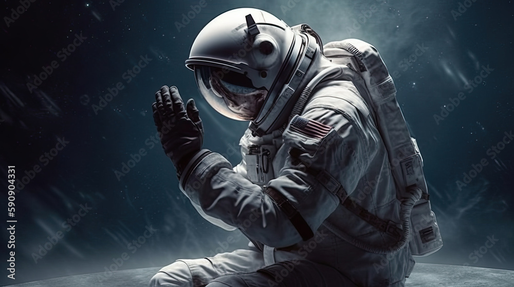 An astronaut in outer space to pray to the Lord. Cosmonaut with his hands folded in front of his face in prayer An astronaut in outer space to pray to the Lord. Cosmonaut with his hands folded in front of his face in prayer