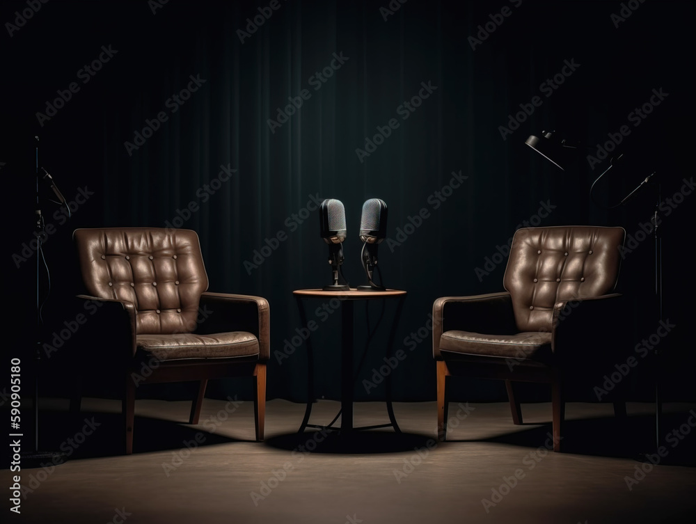 two chairs and microphones in podcast or interview room isolated on dark background as a wide banner for media conversations or podcast streamers concepts with copyspace two chairs and microphones in podcast or interview room isolated on dark background as a wide banner for media conversations or podcast streamers concepts with copyspace
