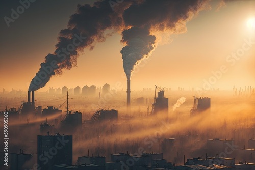 industrial pollution at sunset with smokestacks emitting smoke. Generative AI © 2rogan