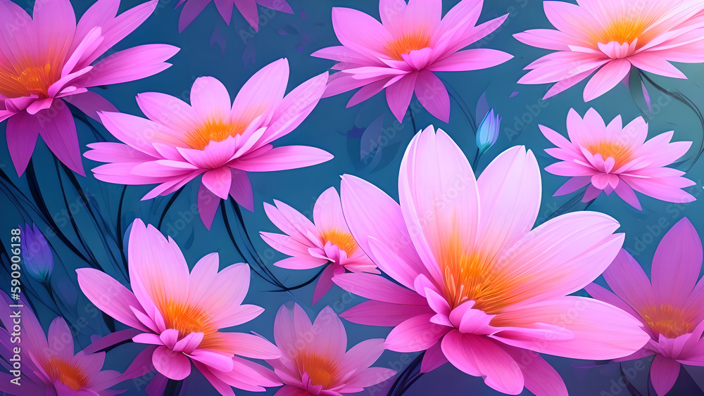 Pink flowers on a green field, generative AI Pink flowers on a green field, generative AI