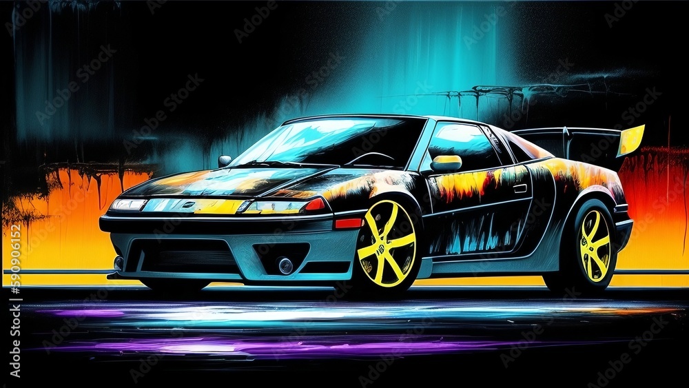 Painting car on a rainy night, generative AI Painting car on a rainy night, generative AI