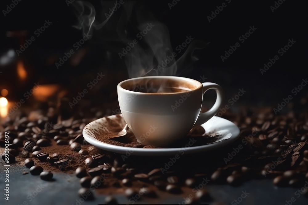 cup of hot coffee and coffee beans dynamic background