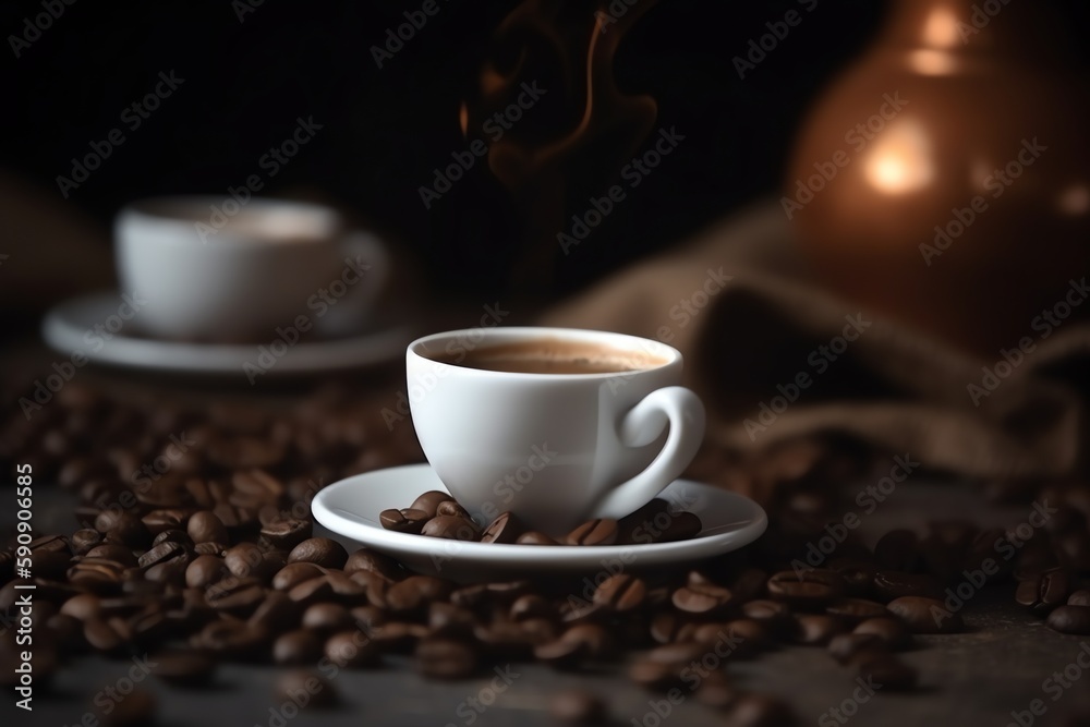 cup of hot coffee and coffee beans dynamic background