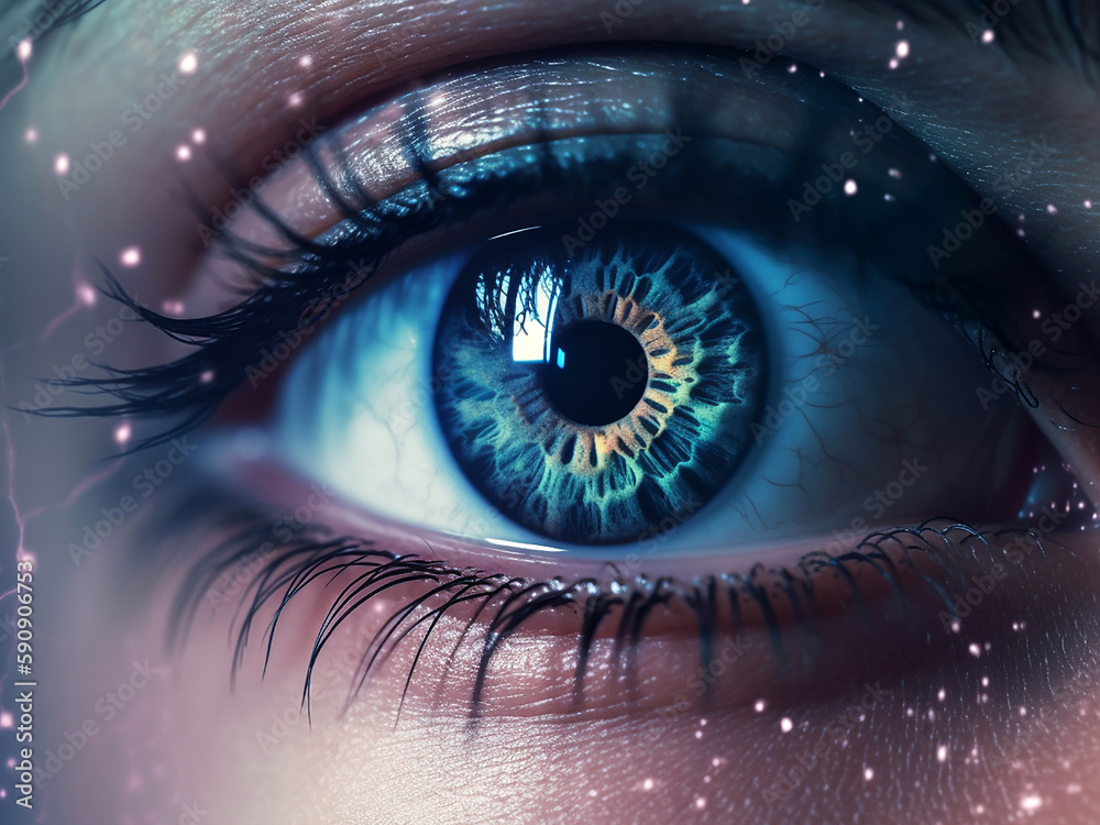 Beautiful female eye in hologram style, close-up. Generative AI