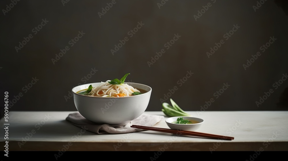 Pho soup: Traditional Vietnamese and Asian noodle soup with fresh herbs and spices with tender chicken strips as Pho Bo soup or with beef as Pho Ga soup. -Generative AI Pho soup: Traditional Vietnamese and Asian noodle soup with fresh herbs and spices with tender chicken strips as Pho Bo soup or with beef as Pho Ga soup. -Generative AI