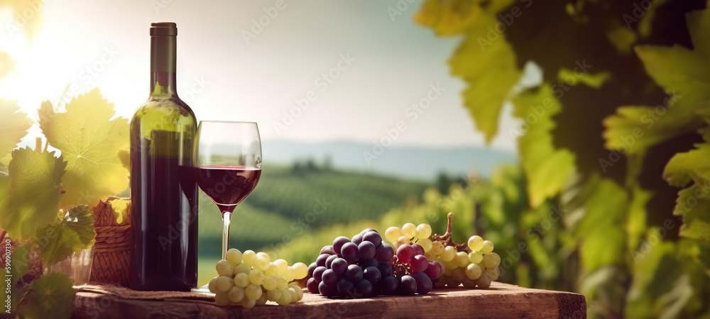 Bottle of excellent wine, a glass of wine and grapes on background of a picturesque vineyard. Copy space. Based on Generative AI