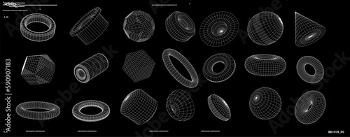 Set of digital trendy 3d wireframe shape perspective element, grids, tech, geometry. Pack of cyberpunk 80's, style design. Vector illustration