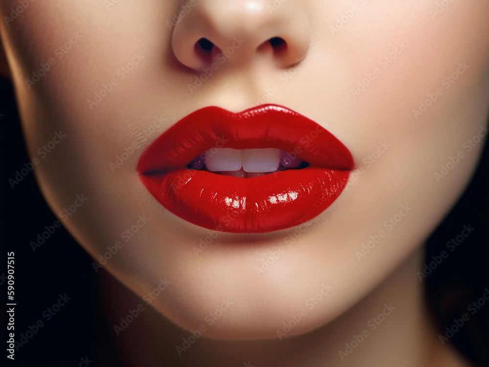 Obraz premium Beautiful red female lips, close-up. Generative AI