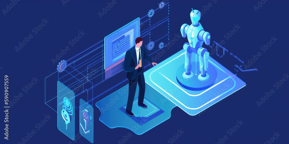 Fototapeta premium Isometric Cityscape Vector Illustration with Buildings, Trees, and Figures - Generative AI