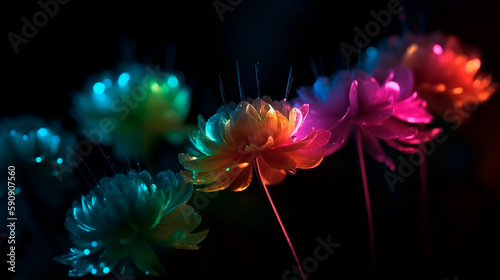 Neon flowers at night  transparent petals  under raindrops