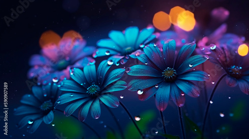 Neon flowers at night, transparent petals, under raindrops