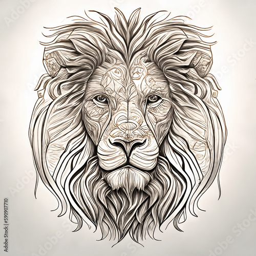 Abstract triangular reg blue background with glowing lion face. Illustration, hand drawing, brush stroke lion face.