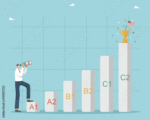Studying american english, online courses in a language school, english proficiency levels, a man stands at the lower level A1 and looks through binoculars at future brilliant knowledge of a language.