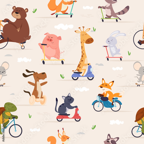 Animals riders pattern. Animals skating on bikes and scooters on road exact vector seamless background