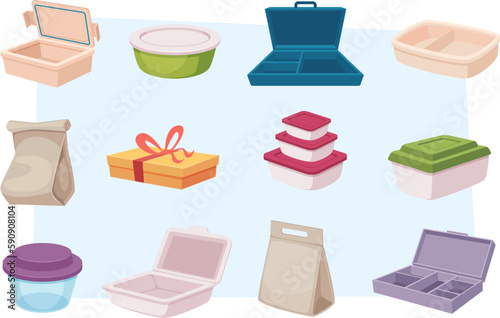 Lunch boxes. Snacks fruits and different food for kids transporting lunchboxes exact vector pictures set