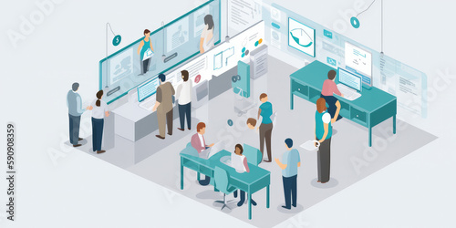 Office Scene Illustration of Collaborative Teamwork - Generative AI
