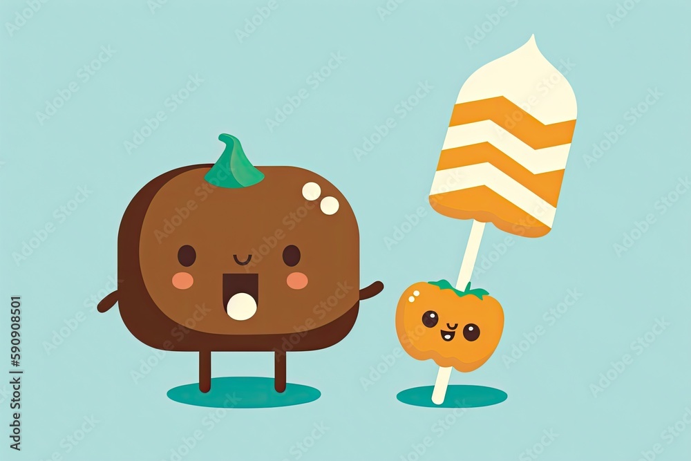 Halloween-themed cartoon character holding a pumpkin and a candy bar. Generative AI