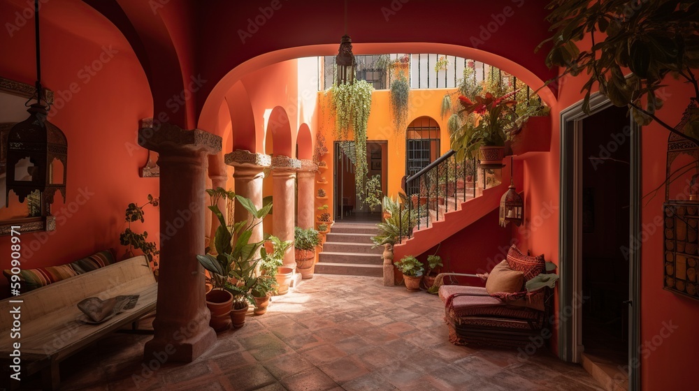 illustration, mexican traditional living room interior, ai generative