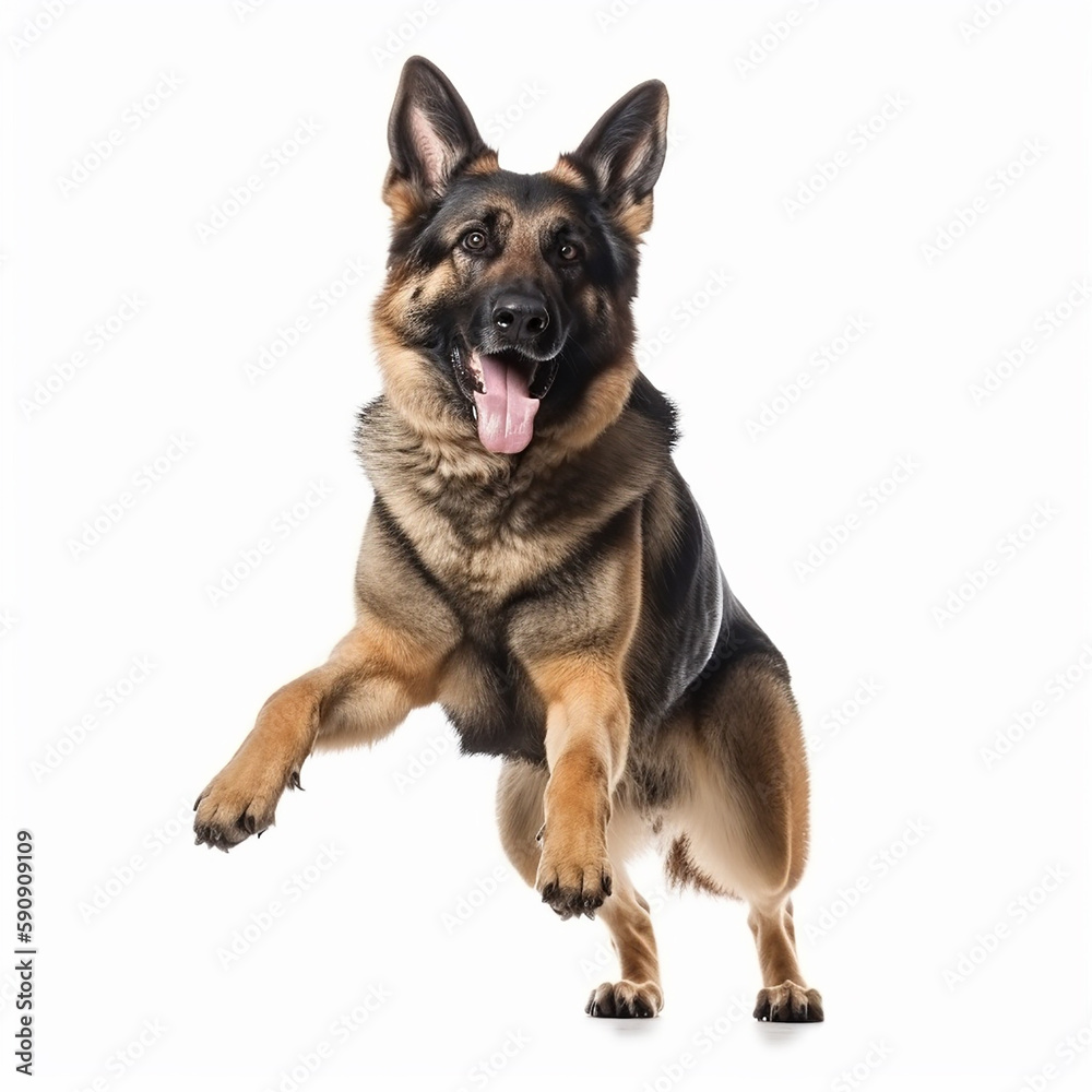 Dog breed german shepherd in a jump, close-up isolated on white, lovely pet, friend and companion, ai generative