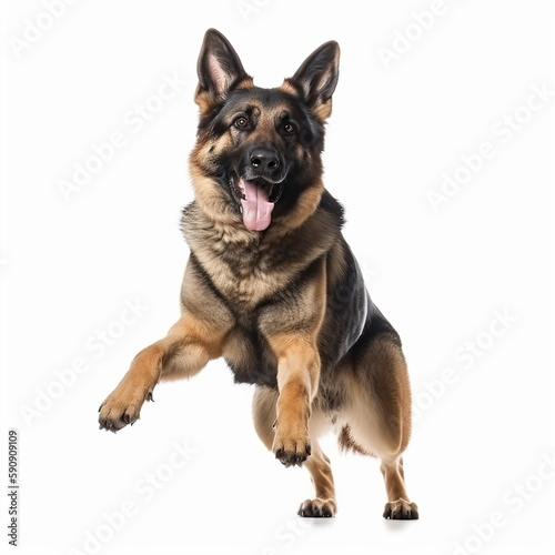 Dog breed german shepherd in a jump, close-up isolated on white, lovely pet, friend and companion, ai generative