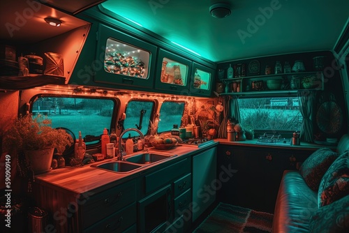 Interior of trailer house, caravan, neon light, generated with AI tools 
