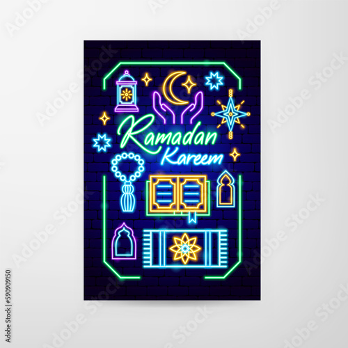 Ramadan Kareem Neon Flyer. Vector Illustration of Religion Arabian Glowing Concept.