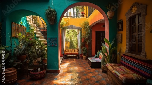 illustration, mexican traditional living room interior, ai generative