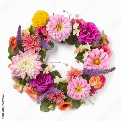 Nice beautiful pink purple wreath of colorful tropical flowers isolated on white background, ai generative 