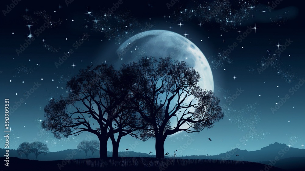 illustration, background with tree and stars in the moonlight, ai generative