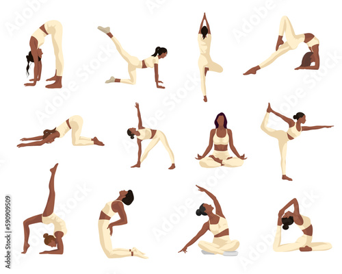 set of black girls doing sport pilates fitness meditation in different poses and milk clothes on white background for posters apps webs banners 