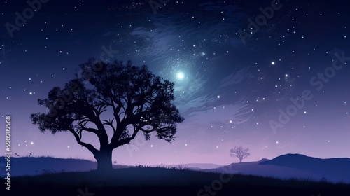 illustration, background with tree and stars in the moonlight, ai generative