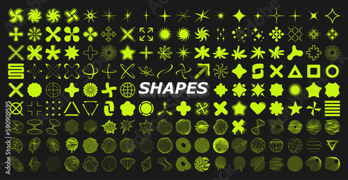 Retrofuturistic icons and shapes in Y2K concept. Acid rave graphic box. Geometric trippy shapes, vaporwave 00s,90s,80s. Big set y2k elements. Graphic set for typography, merch, poster, flyers. Vector