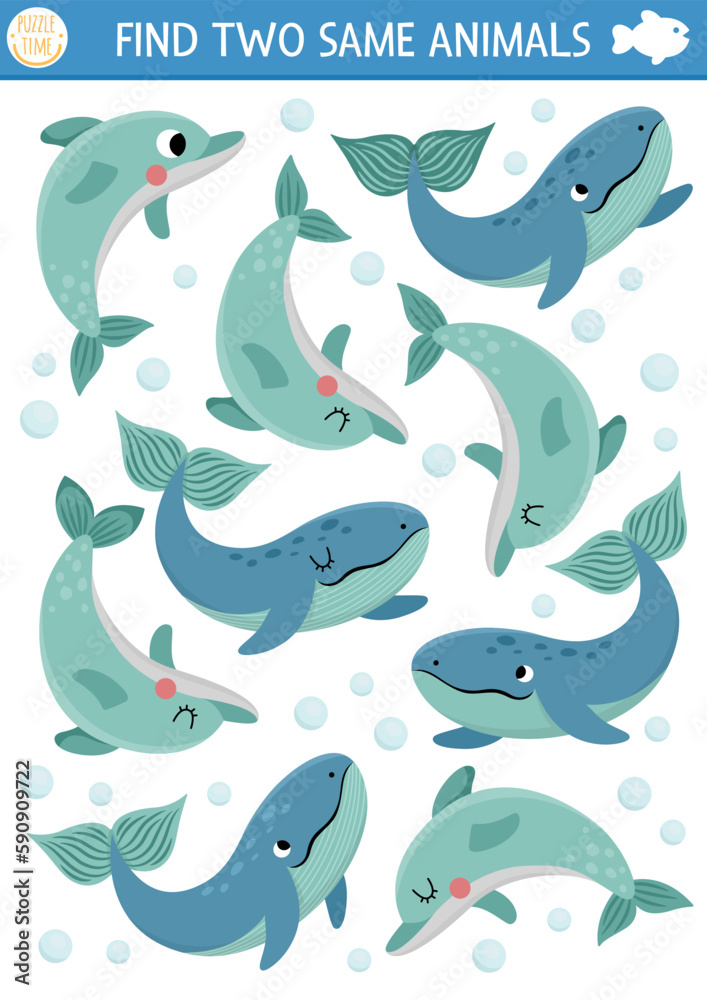 Find two same water animals. Under the sea matching activity for children. Ocean life educational quiz worksheet for kids for attention skills. Simple printable game with cute whales and dolphins. Find two same water animals. Under the sea matching activity for children. Ocean life educational quiz worksheet for kids for attention skills. Simple printable game with cute whales and dolphins.