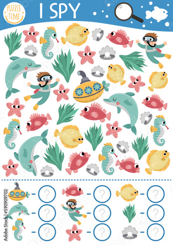 Under the sea I spy game for kids. Searching and counting activity with fish, diver, submarine, starfish, dolphin. Ocean life printable worksheet for preschool children. Simple water spotting puzzle.
