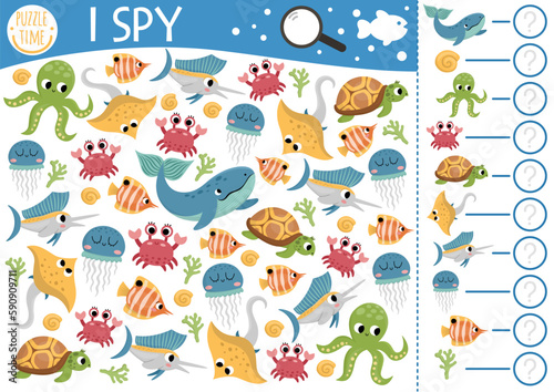 Under the sea I spy game for kids. Searching and counting activity with fish, whale, octopus, crab, turtle, jellyfish. Ocean life printable worksheet for preschool children. Simple water spot puzzle