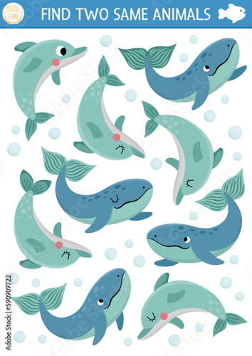 Fototapeta Naklejka Na Ścianę i Meble -  Find two same water animals. Under the sea matching activity for children. Ocean life educational quiz worksheet for kids for attention skills. Simple printable game with cute whales and dolphins.